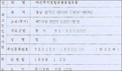 지난 99년 1월25일 제2군단 보통군사법원은 정00 중사에 대해 군용물 절도등의 혐의로 무기징역을 선고했다. 사진은 '지휘관 확인' 내용이다. 